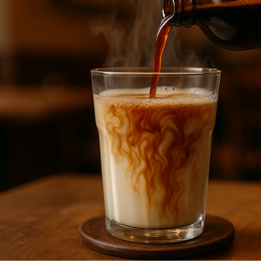 pouring a chai latte concentrate in hot milk